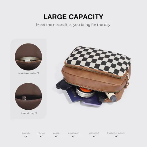 Women Fashion Plaid Crossbody Bag PU Leather Canvas Splicing Wide Adjustable Strap Gold Hardware Dual Zipper Camera Bag