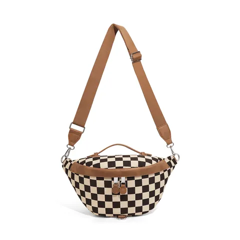 Fashion Checkerboard Plaid Fanny Pack Women Large Capacity Polyester Canvas Chest Bag Adjustable Wide Strap Casual Crossbody Bag