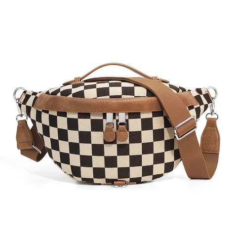 Fashion Checkerboard Plaid Fanny Pack Women Large Capacity Polyester Canvas Chest Bag Adjustable Wide Strap Casual Crossbody Bag