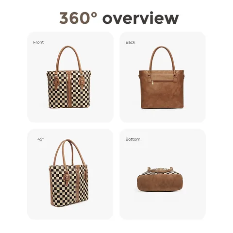 Women Large Capacity Tote Bag Vintage Checkered Shoulder Bag Fashion Polyester Handbag With Decorative Zippers Casual Work Purse