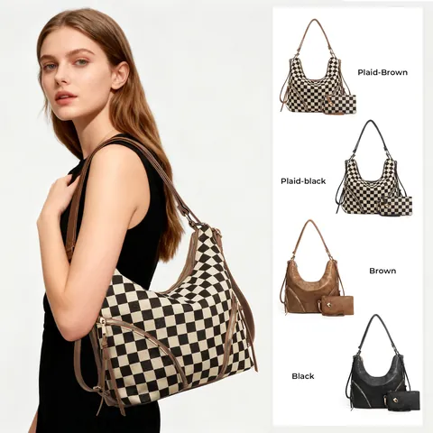 Large Capacity PU Leather Hobo Tote Bag And Pouch Set Checkered Solid Color Travel Shoulder Bag For Women Commute Handbag