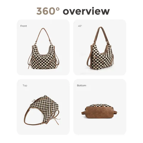 Large Capacity PU Leather Hobo Tote Bag And Pouch Set Checkered Solid Color Travel Shoulder Bag For Women Commute Handbag