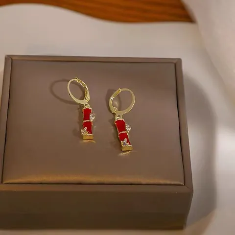 Orecchini a Cerchio Pendenti in Bambù con Pietra Occhio di Gatto Rame Placcato Oro Zirconia Perno in Argento 925 Donna