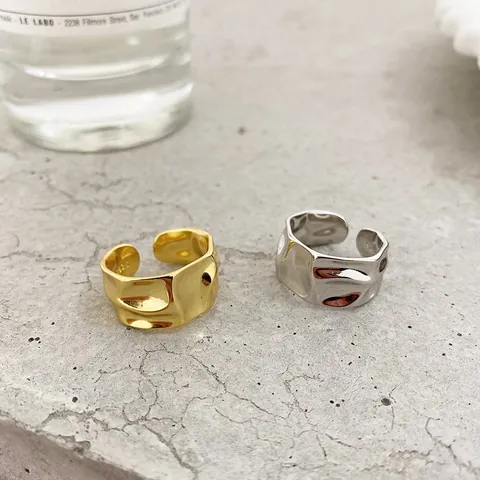 Irregular Hammered Wide Open Ring For Women Copper Gold Silver Plated Water Ripple Minimalist Fashion Adjustable Finger Ring Jewelry Gift