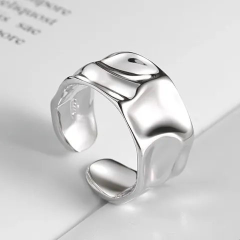 Irregular Hammered Wide Open Ring For Women Copper Gold Silver Plated Water Ripple Minimalist Fashion Adjustable Finger Ring Jewelry Gift