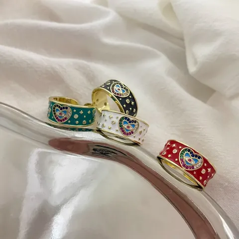 Anello Aperto Regolabile Cuore Malocchio Bohémien Vintage Per Donna Gioielli In Rame Placcato Oro Smalto Zirconia Colorata Regalo