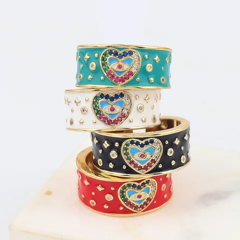Anello Aperto Regolabile Cuore Malocchio Bohémien Vintage Per Donna Gioielli In Rame Placcato Oro Smalto Zirconia Colorata Regalo