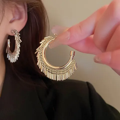Orecchini a Cerchio con Nappine in Rame a Forma di C Con Perno in Argento Oro Argento Bohemian Stud Orecchini Donna
