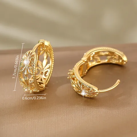 Orecchini a Cerchio in Rame Cavo Floreale Vintage Con Zircone Intarsiato Perno in Argento Sterling 925 Gioielli Eleganti Donna