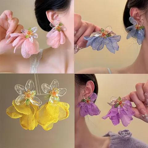 Orecchini a Bottone a Forma di Fiore in Tessuto Colorato Donna Stile Vacanza Esagerato Perno in Resina Mesh Gioielli Spiaggia