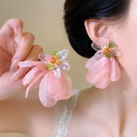 Orecchini a Bottone a Forma di Fiore in Tessuto Colorato Donna Stile Vacanza Esagerato Perno in Resina Mesh Gioielli Spiaggia