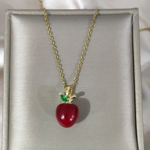 Set di Gioielli alla Moda Dolce Ciliegia Mela Fragola Frutta Placcato Oro Rame Smalto Zirconia Collana Pendente Orecchini Anello Aperto per Donna
