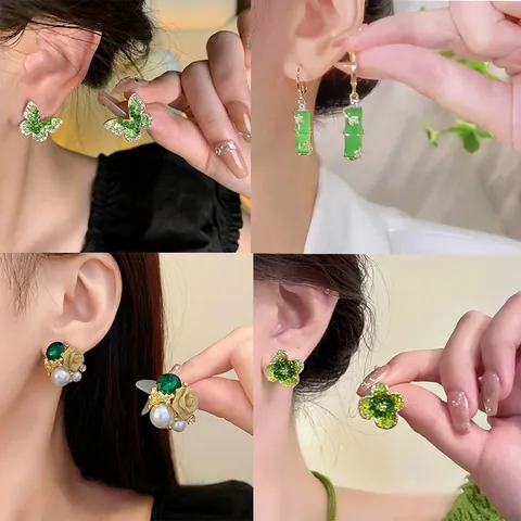 Orecchini a Farfalla Fiore di Bambù Verde per Donna in Rame Placcato Oro con Zirconia Perla Artificial Stile Natura Gioielli Regalo