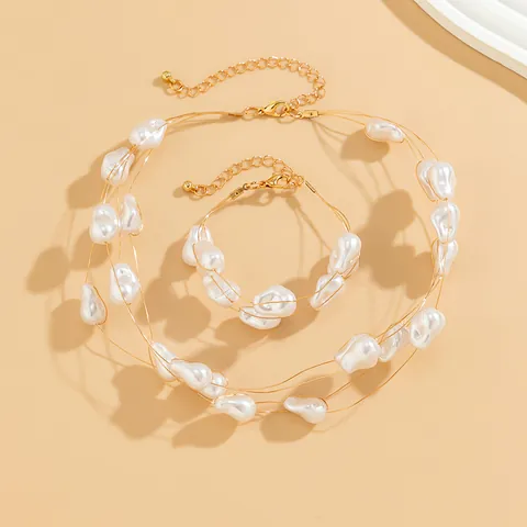 Collier Ras De Cou Et Bracelet En Imitation Künstliche Perle Baroque Plaqué Or Fil D'acier Titane Bijoux Pour Femmes