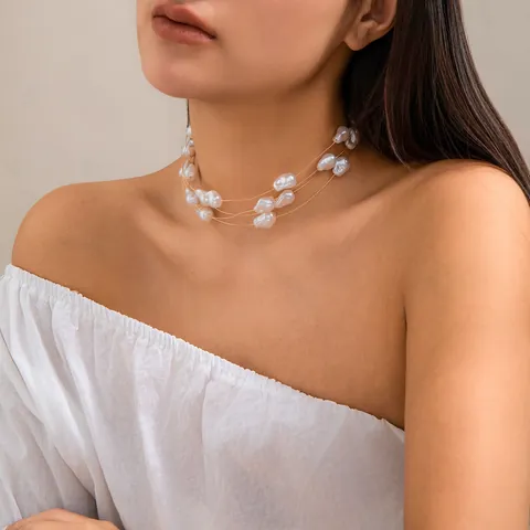 Collier Ras De Cou Et Bracelet En Imitation Künstliche Perle Baroque Plaqué Or Fil D'acier Titane Bijoux Pour Femmes