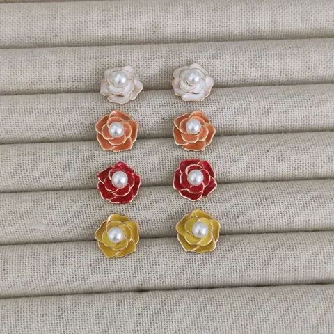 Orecchini a Bottone Camelia Con Perno in Argento Sterling 925 Smalto Perla Artificial Vintage Eleganti Gioielli da Donna Regalo