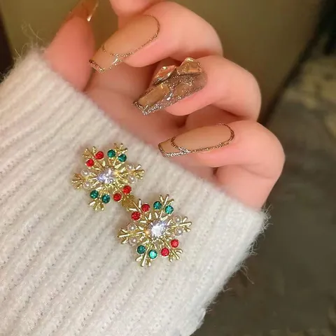 Legering Strass Kunstparel Sneeuwvlok Oorbellen Kerst Vakantie Winter Feest Mode Sieraden Met Roestvrijstalen Oorsteker