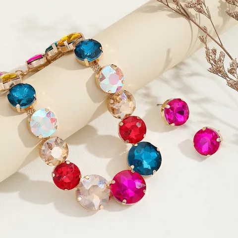 Set Gioielli Collana E Orecchini Con Cristalli Rotondi Multicolore Rame Placcato Oro Strass Colorati Accessorio Moda Festa Matrimonio