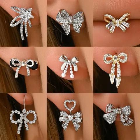 Korean Style Bowknot Stud Earrings Zircon Inlaid Copper Gold Silver Plated Stainless Steel Earring Post Elegant Women Fashion Jewelry