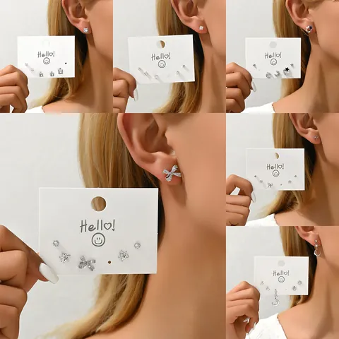 Korean Style Zirconia Earring Set With 925 Sterling Silver Earring Post Star Moon Bow Floral Stud Earrings For Women Jewelry
