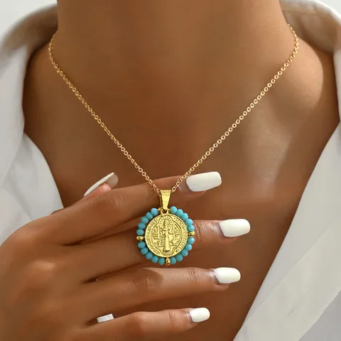 Vintage Gold Plated Copper St Benedict Medal Pendant Necklace With Colorful Beads Bohemian Religious Jewelry For Women