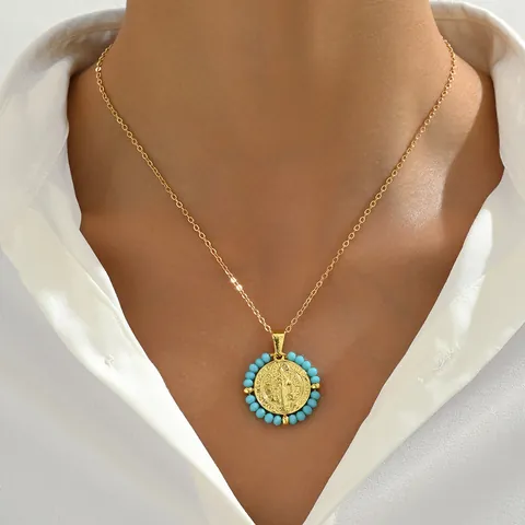 Vintage Gold Plated Copper St Benedict Medal Pendant Necklace With Colorful Beads Bohemian Religious Jewelry For Women