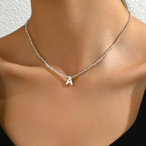 Anfangsbuchstabe Perlmutt Anhänger Perlenkette Facettierte Champagner Kristallperlen Schlüsselbeinkette Für Damen Schmuck