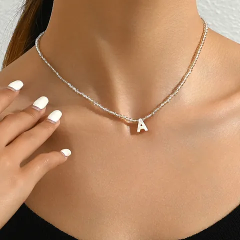 Anfangsbuchstabe Perlmutt Anhänger Perlenkette Facettierte Champagner Kristallperlen Schlüsselbeinkette Für Damen Schmuck