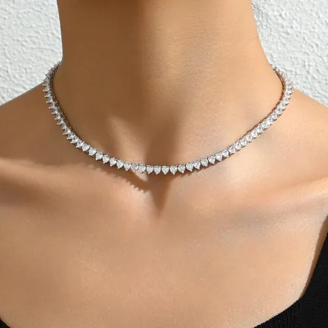 Luxus Herzschliff Zirkonia Tennis Halskette Für Damen Versilbert Kupfer Schlüsselbein Kette Elegant Choker Hochzeit Party Schmuck Geschenk