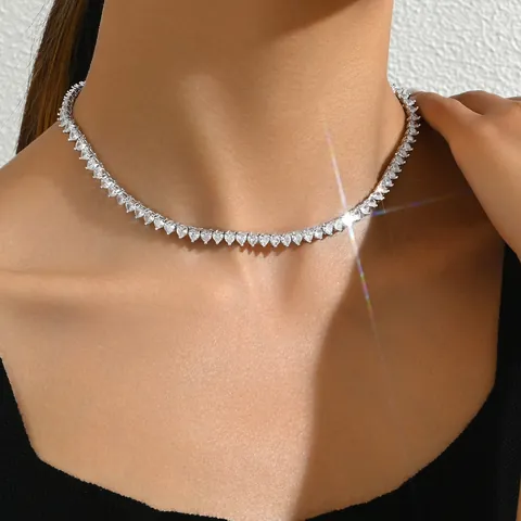 Luxus Herzschliff Zirkonia Tennis Halskette Für Damen Versilbert Kupfer Schlüsselbein Kette Elegant Choker Hochzeit Party Schmuck Geschenk