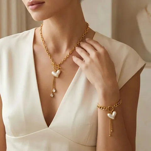 Collana E Bracciale Cuore Gioielli In Acciaio Inossidabile Ciondolo In Madreperla Con Nappe Moda Elegante Per Donna