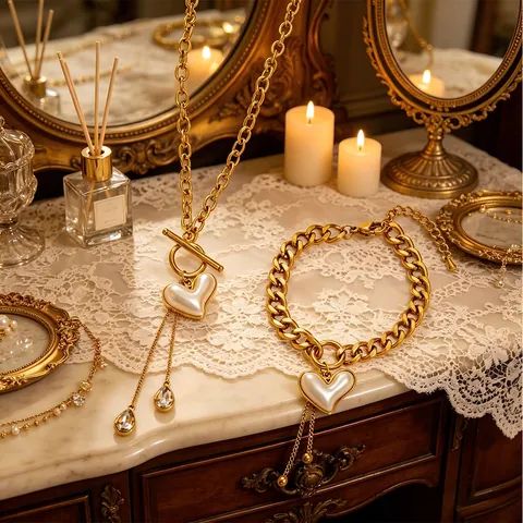 Collana E Bracciale Cuore Gioielli In Acciaio Inossidabile Ciondolo In Madreperla Con Nappe Moda Elegante Per Donna