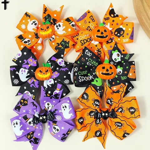 Halloween Fermagli per Capelli a Fiocco per Bambini in Nastro di Poliestere Resina Zucca Pipistrello Fantasma per Ragazze Animali