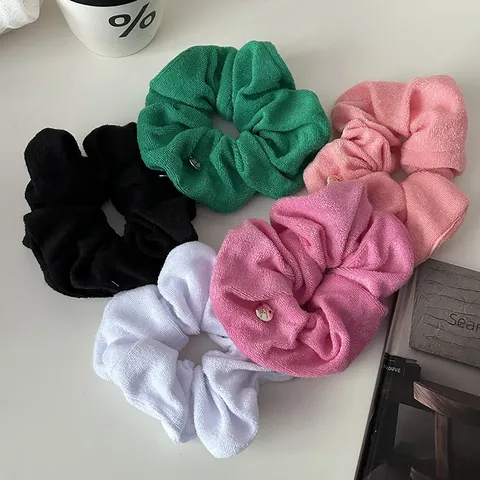 Women Terry Cloth Large Scrunchie Soft Solid Color Elastic Hair Tie With Metal Tag For Autumn Winter Daily Accessories