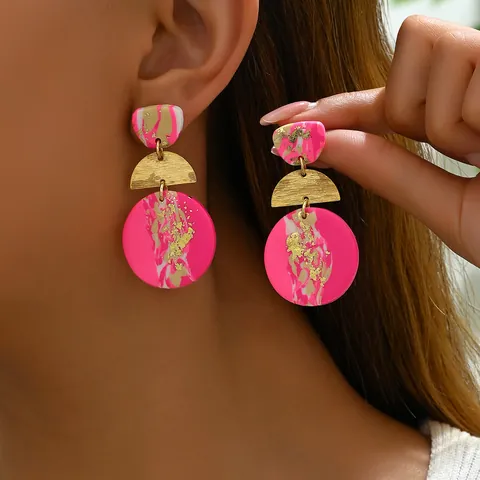 Handmade Geometric Copper Acrylic Polymer Clay Marble Texture Drop Earrings With Stainless Steel Post Gold Foil Jewelry For Women