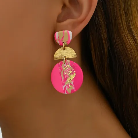 Handmade Geometric Copper Acrylic Polymer Clay Marble Texture Drop Earrings With Stainless Steel Post Gold Foil Jewelry For Women