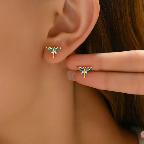 Elegante Libellen Ohrstecker Kupfer Mit Blauem Zirkonia Vergoldet Edelstahl Ohrstecker-Stift Für Damen Täglicher Schmuck