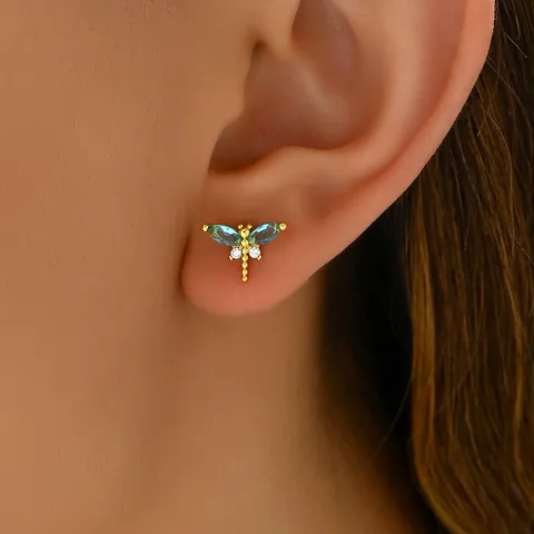 Elegante Libellen Ohrstecker Kupfer Mit Blauem Zirkonia Vergoldet Edelstahl Ohrstecker-Stift Für Damen Täglicher Schmuck