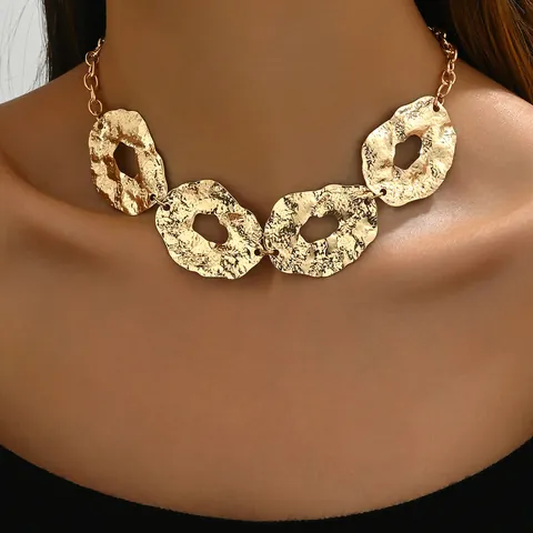 Geometric Irregular Metal Necklace Gold Silver Plated Hammered Texture Hollow Out Clavicle Chain For Women Fashion Jewelry