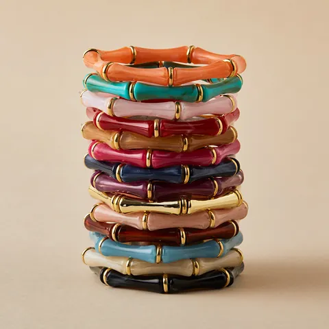 Bracelet en Acrylique Coloré Style Bambou Pour Femmes Anneau en Métal Doré Dopamine Été Plage Bracelet Extensible Bijoux