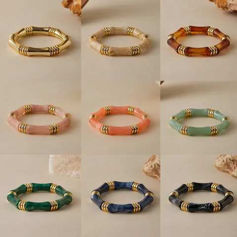 Bohemian Acrylic Bamboo Node Bangle Bracelet For Women Gold Metal Link Marble Texture Elastic Fashion Jewelry Gift