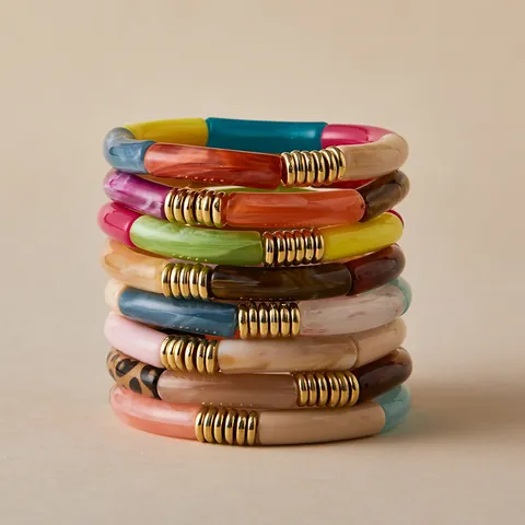 Bamboo Tube Acrylic Resin Stretch Bracelet For Women Colorful Geometric Bead Bangle With Gold Spacers Vintage Fashion Jewelry Gift