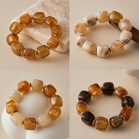 Bracelet Vintage en Acrylique à Perles Carrées Avec Espaceurs en Métal Or Couleurs Mélangées Ambre Marbre Élastique Bracelet pour Femmes Bijoux