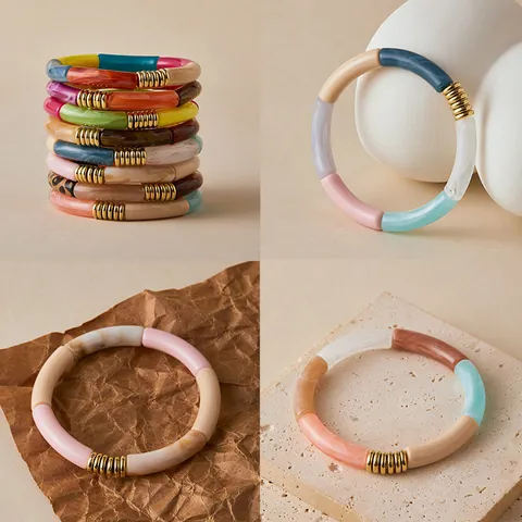 Bamboo Tube Acrylic Resin Stretch Bracelet For Women Colorful Geometric Bead Bangle With Gold Spacers Vintage Fashion Jewelry Gift