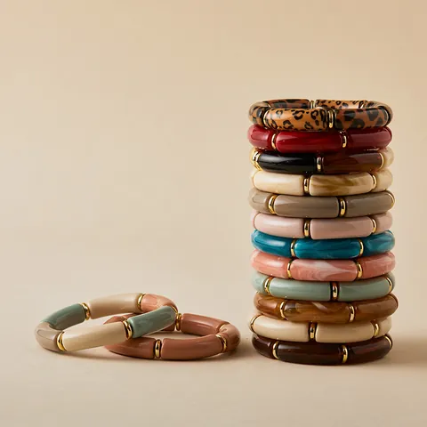Bohemian Retro Acrylic Bamboo Joint Beaded Bracelet For Women Leopard Print Marble Pattern Bangle Gold Metal Spacer Beads Jewelry