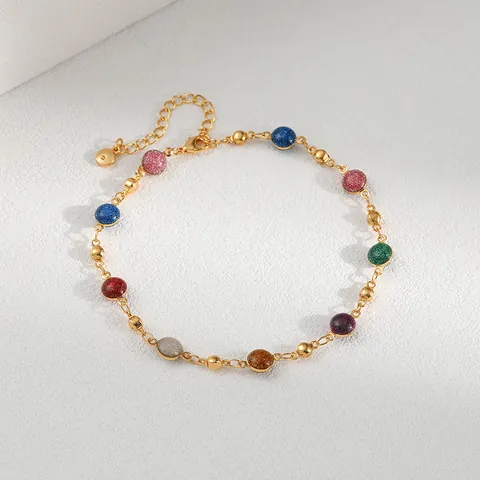 Chaîne de Cheville Perles Rondes Scintillantes Multicolores Cuivre Plaqué Or 18K Réglable Bijoux Arc-en-ciel Femme Plage