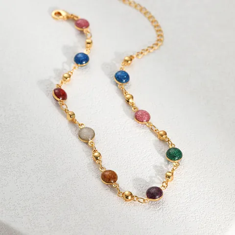 Chaîne de Cheville Perles Rondes Scintillantes Multicolores Cuivre Plaqué Or 18K Réglable Bijoux Arc-en-ciel Femme Plage
