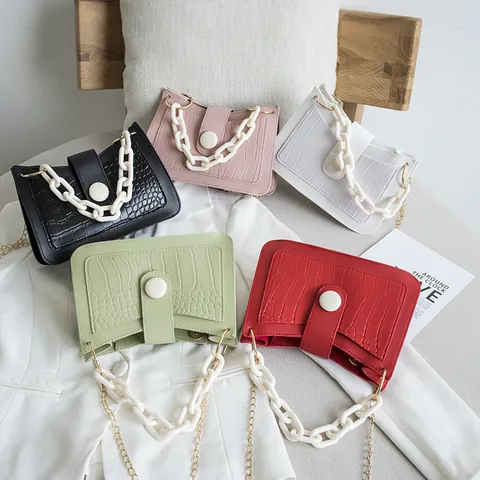 Women's Crocodile Pattern PU Leather Small Square Bag White Acrylic Chunky Chain Gold Metal Strap Casual Fashion Handbag