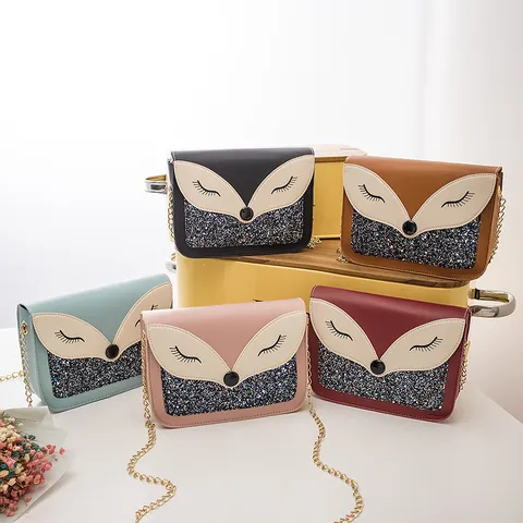 Cute Fox Pattern Mini Crossbody Bag Sequin PU Leather Square Shoulder Bag With Metal Chain Strap For Women Girls