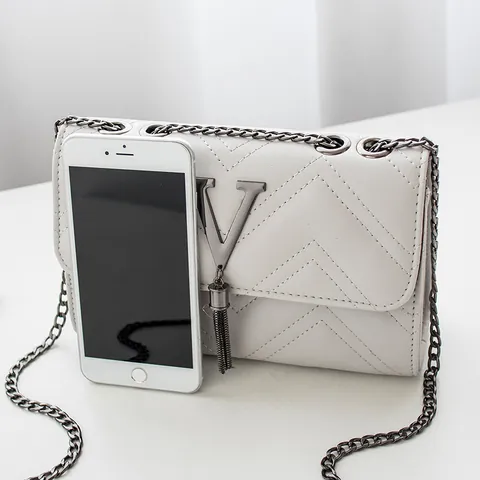 Borsa a Tracolla Trapuntata da Donna in Pelle PU Catena Borsa a Spalla V Logo Nappina Piccola Borsa Messenger Quadrata Moda Casual